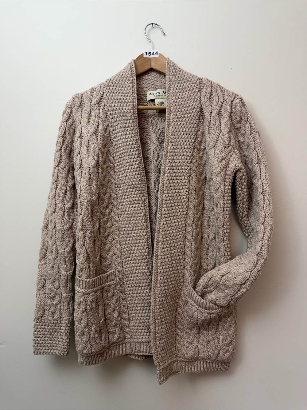 🐑Luxury Aran Mór Ireland 100% Merino Wool Cable Knit Cardigan Shawl Collar S